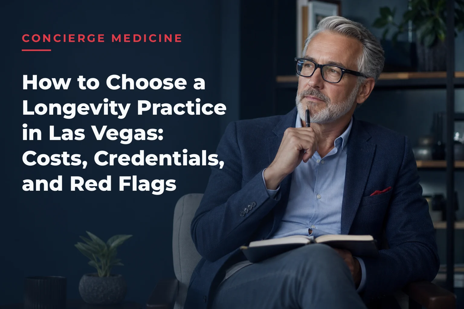 An editorial cover image for a piece on How to Choose a Longevity Practice in Las Vegas: Costs, Credentials, and Red Flags. The cover reads: CONCIERGE MEDICINE How to Choose a Longevity Practice in Las Vegas: Costs, Credentials, and Red Flags
